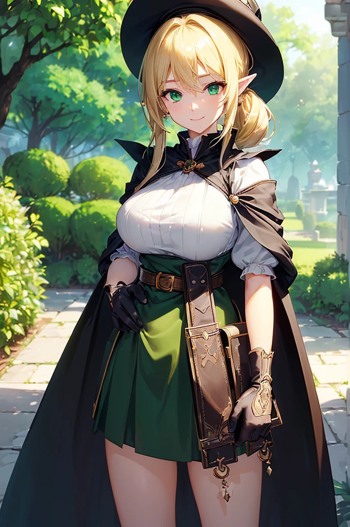 (((masterpiece; best quality: 1.2))), (finely detailed eyes: 1.3), (25 year old elf woman), (solo), (green eyes: 1.4), (body; big breasts, fit, femenine: 1.3), (silky blonde hair in low ponytail: 1.3), (beautiful and clear background: 1.2), ((depth of field)), (equipment: adventurer garb + modest + elegant wide-brim hat + dark blouse + dark cape + black long skirt + gloves + belt + pouches: 1.3), (anime illustration: 1.2), (background composition; royal garden: 1.1), (extremely fine and beautiful: 1.1), (shot composition; standing + centered on torso + close-up: 1.5), (expression; calm, smile: 1.2)