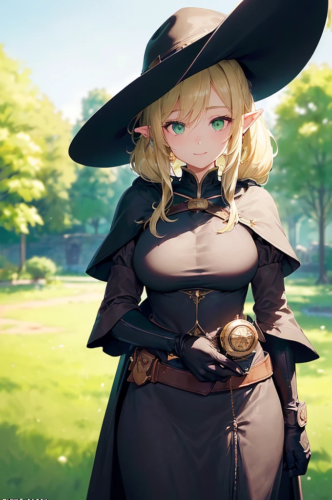 (((masterpiece; best quality: 1.2))), (finely detailed eyes: 1.3), (25 year old elf woman), (solo), (green eyes: 1.4), (body; big breasts, fit, femenine: 1.3), (silky blonde hair in low ponytail: 1.3), (beautiful and clear background: 1.2), ((depth of field)), (equipment: adventurer garb + modest + elegant wide-brim hat + dark blouse + dark cape + black long skirt + gloves + belt + pouches: 1.3), (anime illustration: 1.2), (background composition; royal garden: 1.1), (extremely fine and beautiful: 1.1), (shot composition; standing + centered on torso + close-up: 1.5), (expression; calm, smile: 1.2)