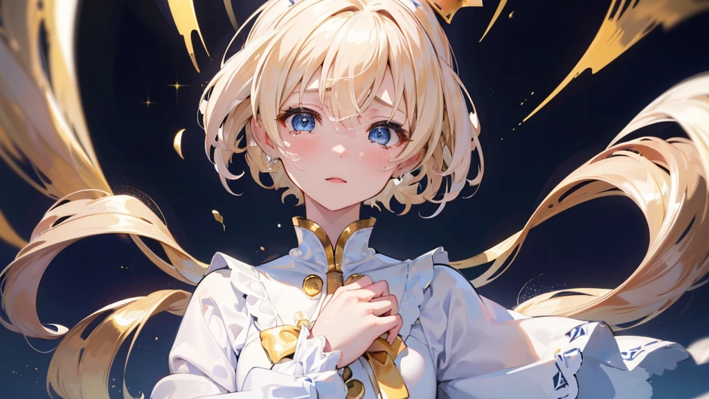 (Highest quality) (4K) (8k) (High resolution) (masterpiece:1.2) (Super detailed) One boy short hair Wizard Blue Eyes Long sleeve Golden decoration Hair between the eyes White Dress (Wavy golden hair) Upper Body (large crown) (White Background) profile Face close-up (Are crying)