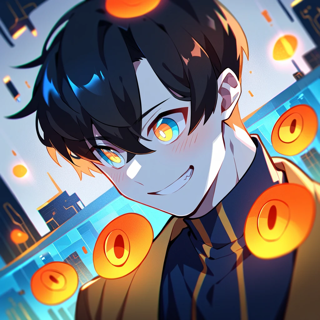2 young men, focus man , Yaoi, pair,smile, (human 3 ตา ,3 eyes, yellow eyes, The skin is gray, smooth and translucent. ), (human, black haired ,blue eyes ,white skin) , sci-fi, The best aesthetics , best quality, Amazing quality, The best aesthetics ,The background is a laboratory., spaceship