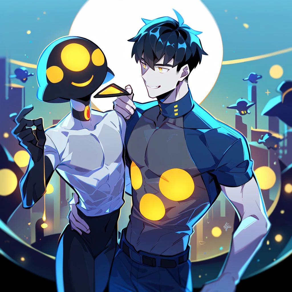 2 young men, focus man , Yaoi, pair,smile, (human 3 ตา ,3 eyes, yellow eyes, The skin is gray, smooth and translucent. ), (human, black haired ,blue eyes ,white skin) , sci-fi, The best aesthetics , best quality, Amazing quality, The best aesthetics ,The background is a laboratory., spaceship
