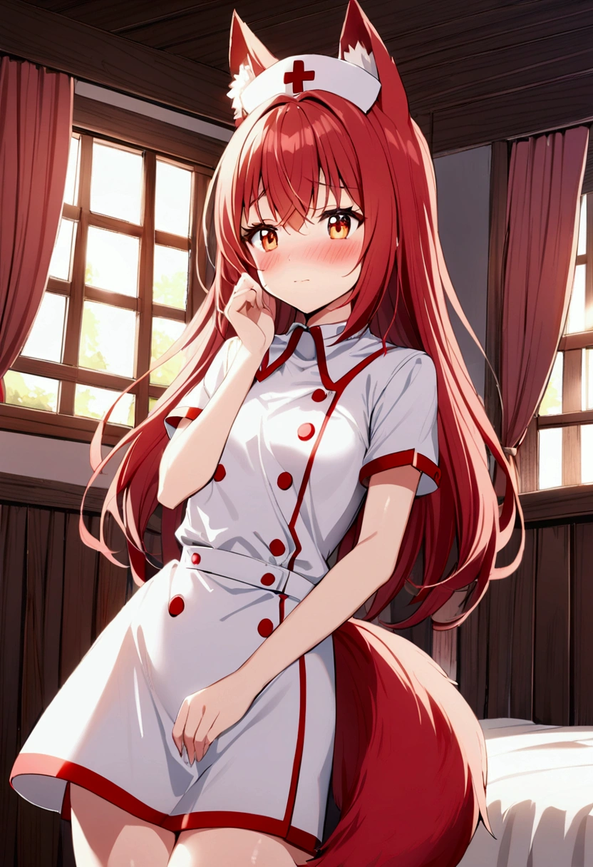 1girl with long red hair, amber eyes, fox  ears, fox tail, nurse uniform,small breasts, blush shy face, bedroom, indoors, fantasy world house