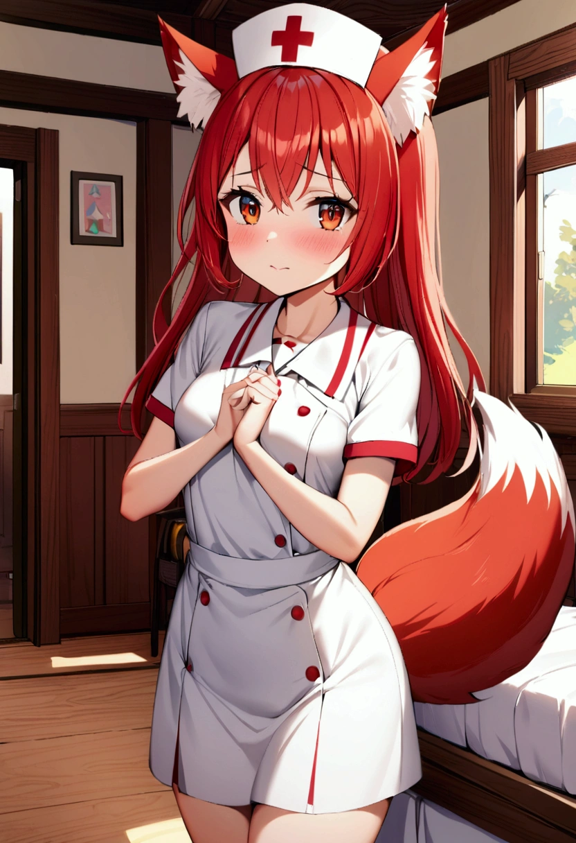 1girl with long red hair, amber eyes, fox ears, fox tail, nurse uniform,small breasts, blush shy face, bedroom, indoors, fantasy world house
