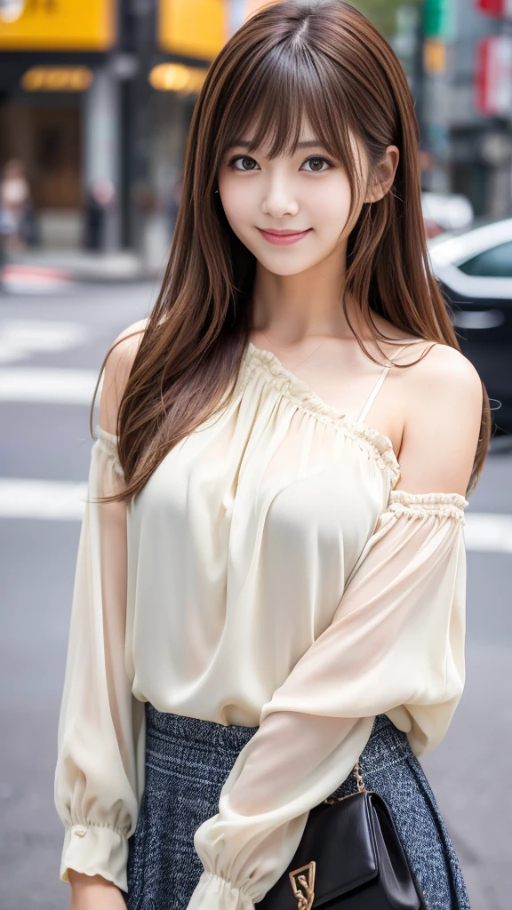 Ultra High Definition, Superior Quality, Premier Quality, ultra detailed, Photorealistic, 8k, RAW Photos, highest quality, masterpiece, Attractive girl, Stunning girl, Brown Hair, Shoulder Length Layered, asymmetrical bangs, Japanese Idol, Sophisticated, Stylish, embarrassed, blouse, shibuya, 、smile