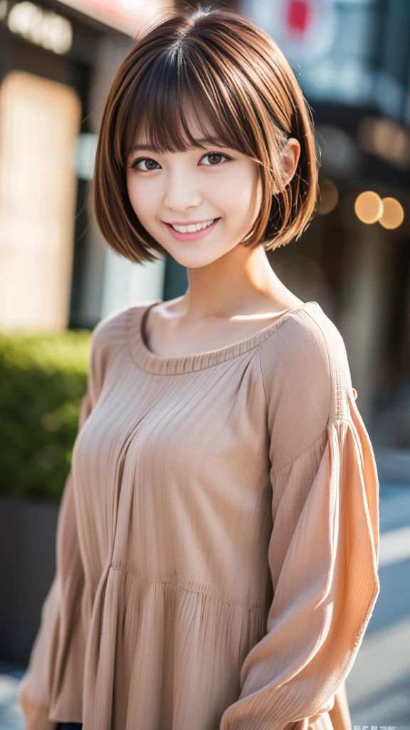 Ultra High Definition, Superior Quality, Premier Quality, ultra detailed, Photorealistic, 8k, RAW Photos, highest quality, masterpiece, Attractive girl, Stunning girl, Brown Hair, Shoulder Length Layered, asymmetrical bangs, Japanese Idol, Sophisticated, Stylish, embarrassed, blouse, shibuya, 、smile