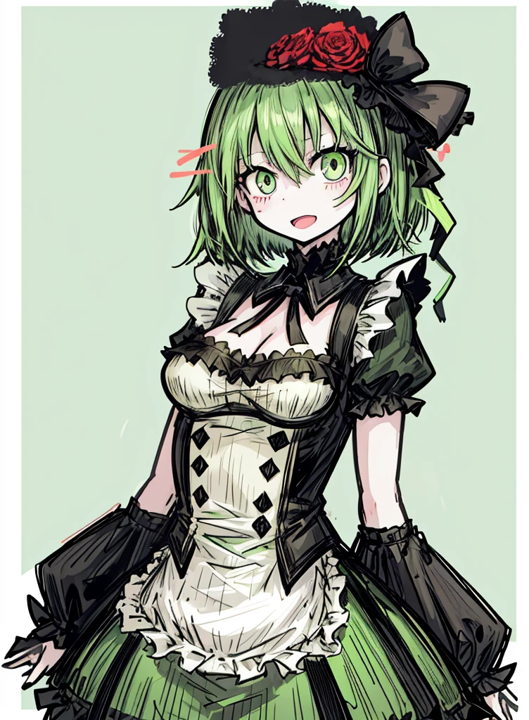 1girl ,green eyes,green hair,short maid dress ,pale skin,(high resolution, high detail, best quality),
open mouth,smile,happy, blushes, gluttonous, medium breasts