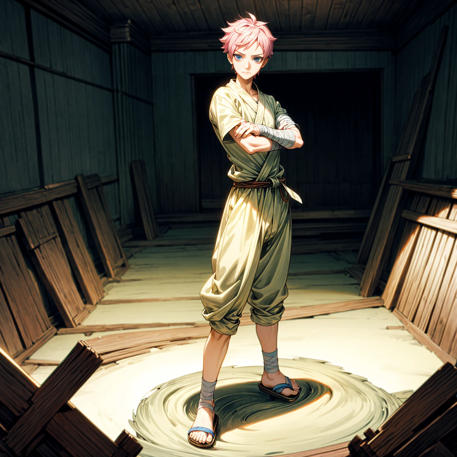 1boy, Full body version, 1character, blue eyes, short haircut, pink color hair, bandage on head, casual style outfit, sandals, Grassroots, full background indoor building, motion blur, (one piece style art), standing gesture 