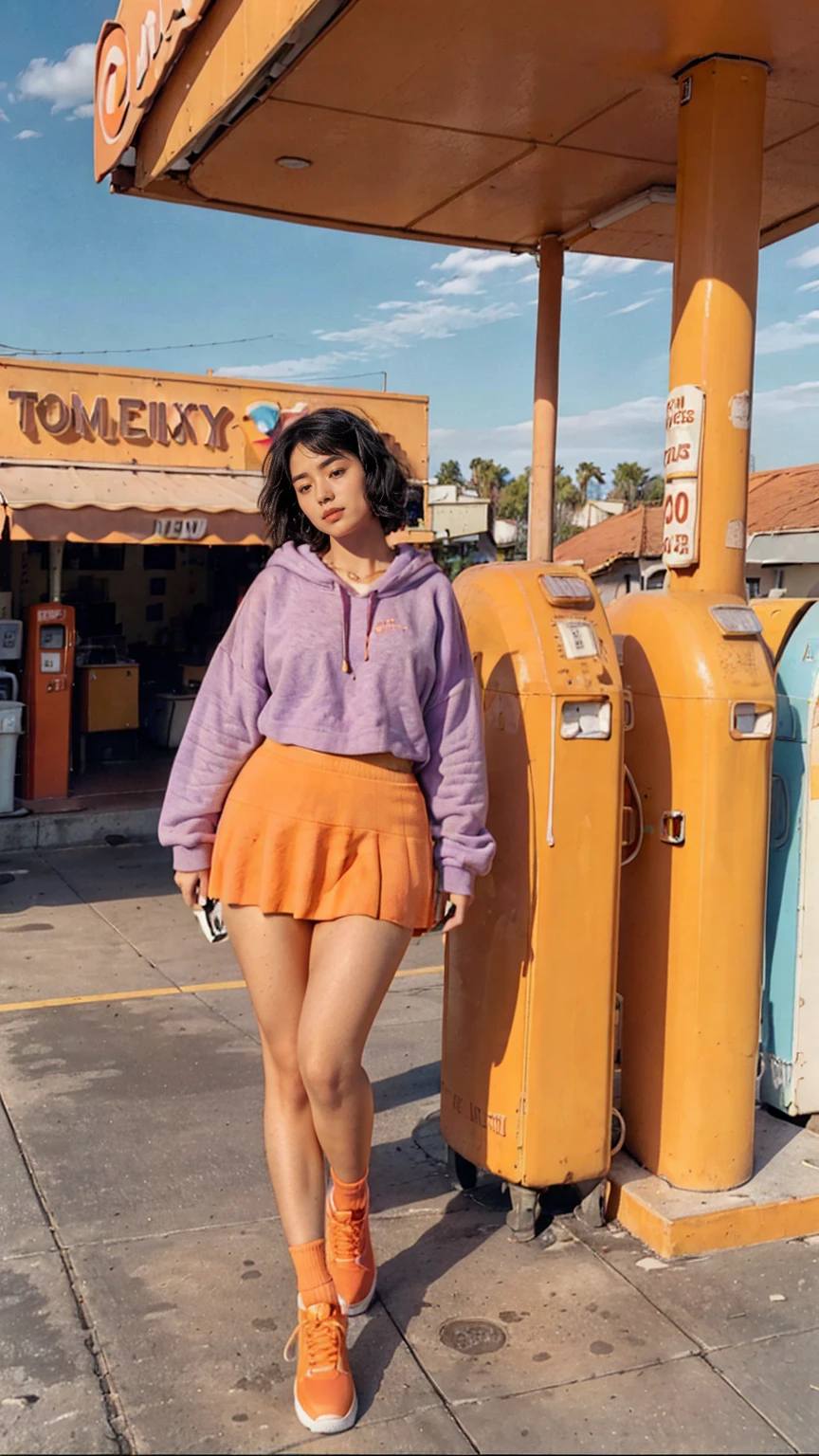 (medium cinematic shot portrait), of cute 23 yo girl (perfect plump body) ,wear ((orange color oversized_hoodie)), wear ((purple tennis skirt)),looking front,Best Quality,Masterpiece,Ultra High Resolution,(Realisticity:1.4),Original Photo, 1Girl, light leak,ultra high resolution,UHD,beautiful, (black bob hair), almond eye, no makeup, looking at camera,in front of ((80's colorful gas station)), (realistic:1.2), (surreal:1.3), (very detailed:1.1), ((masterpiece)),summer, blue sky, palm trees,sunny, los angles vibes,film camera, 800mm lens,style of Philip Lorca diCorcia