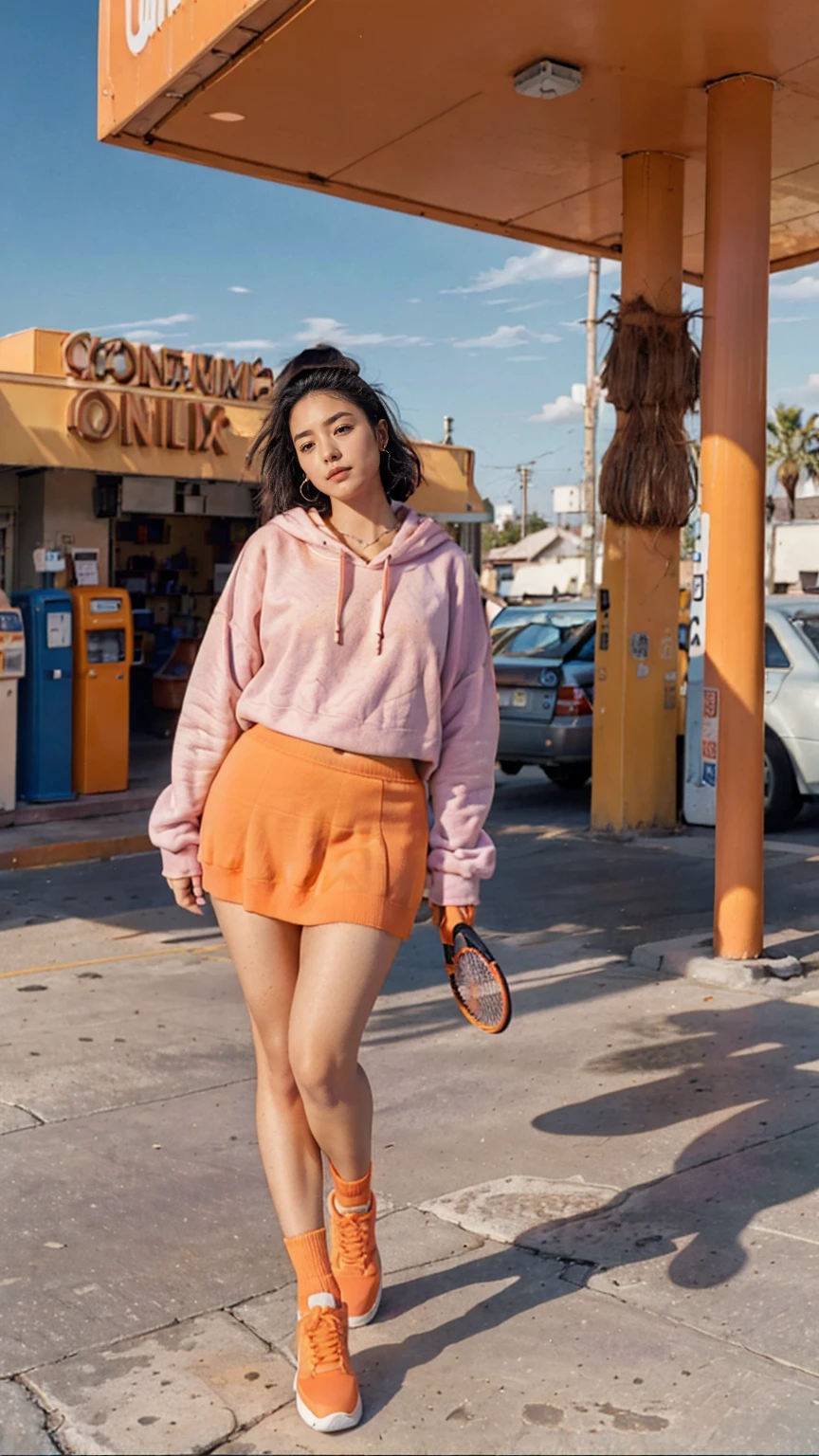 (medium cinematic shot portrait), of cute 23 yo girl (perfect plump body) ,wear ((orange color oversized_hoodie)), wear ((purple tennis skirt)),looking front,Best Quality,Masterpiece,Ultra High Resolution,(Realisticity:1.4),Original Photo, 1Girl, light leak,ultra high resolution,UHD,beautiful, (black bob hair), almond eye, no makeup, looking at camera,in front of ((80's colorful gas station)), (realistic:1.2), (surreal:1.3), (very detailed:1.1), ((masterpiece)),summer, blue sky, palm trees,sunny, los angles vibes,film camera, 800mm lens,style of Philip Lorca diCorcia