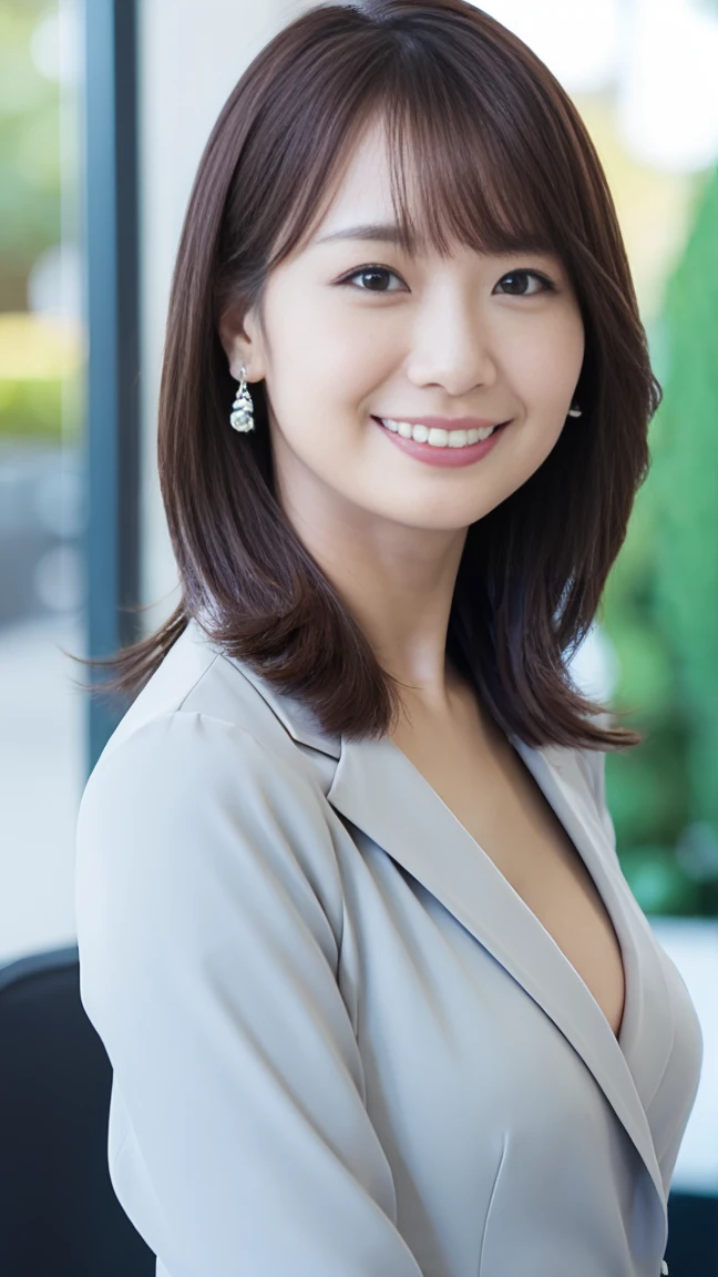 (top-quality, 16K, masterpiece:1.3), (ultra detailed), (masterpiece), (best quality), Highest quality, Realistic, surreal, Highest quality, Extremely detailed CG, Very delicate, 16K wallpaper, High resolution, A female manager working for a top company, 3, ((Light makeup)), ((There is a mole on the face that is considered seductive:1.0)), ((adorable dimples)), ((UNTITLED business suits)), ((A very simple necklace)), Japan Office, ((sitting in an office chair)), Japanese, slender body, ((flat chest:1.5)), very detailed, detailed fingers, detailed hands, detailed eyes, detailed legs, accurate and perfect human anatomy, real human skin, BREAK ((upper body)), ((look into the viewer's eyes)), ((looking at viewer)), ((Front view)), ((from front)),
