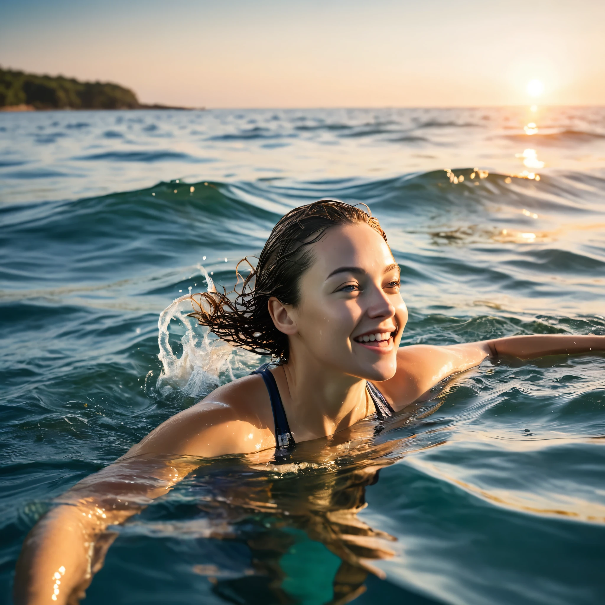 Create a high-resolution, hyper-realistic photo of a person sea swimming at sunrise. Use soft, natural lighting to highlight the serene water and the swimmer's joyful expression, capturing the mental and physical benefits of sea swimming.