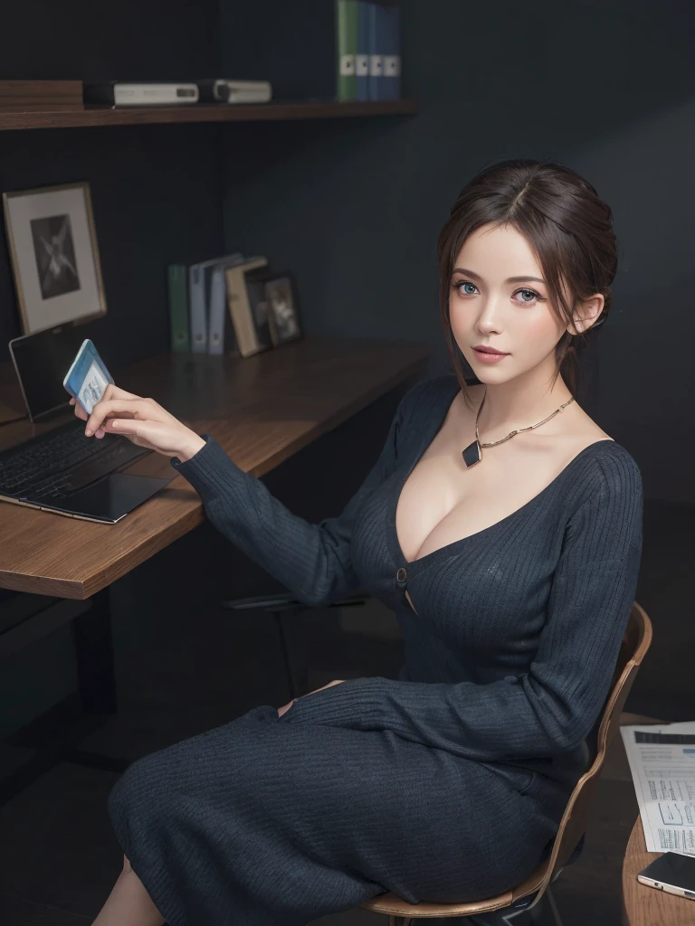 (masterpiece:1.3), (8k, Realistic, RAW Photos, Highest quality: 1.4), (1 girl), Beautiful Face, Big Breasts、Big cleavage、(Thin face), Beautiful hairstyle, Realistic eyes, Beautiful and beautiful eyes, (Realistic skin), Beautiful Skin, (Sweater dress、Big Size), Confused, charm, Ultra-high resolution, Surreal, Very detailed, Beautiful feet、charmな太もも、((, Full Shot :1.8)) , office、office lady、Wear the ID strap around your neck