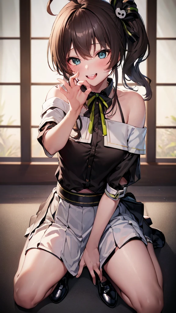 ((((Open your mouth))))、masterpiece,Highest quality,High resolution,Very detailed,bb Festival,meだium hair,skinny,Ahoge,Brown Hair,((((( Captivating smile ))))),skinny,Hair between the eyes,bangs,Hair Ribbon,Black choker,Earrings,Black Ribbon,plaiだ shirt,Grey Shirt,Shoulder cut-outs,Short sleeve,See-through sleeves,Black Skirt,High Waist Skirt,Race,(((( Perfect Fingers )))) , shoes,(black shoes:1.4),Race trim,shoes,Black footwear,indoor,(Cafe:1.2),((Blowjob Gestures:1.5))、Open your mouth ,Sitting,Chair,Heavy breathing ,Put your hand in front of your mouth,Put your hand in front of your mouth, manga,article,magazine、(Black Mask:1.2, Remove the mask:1.3)