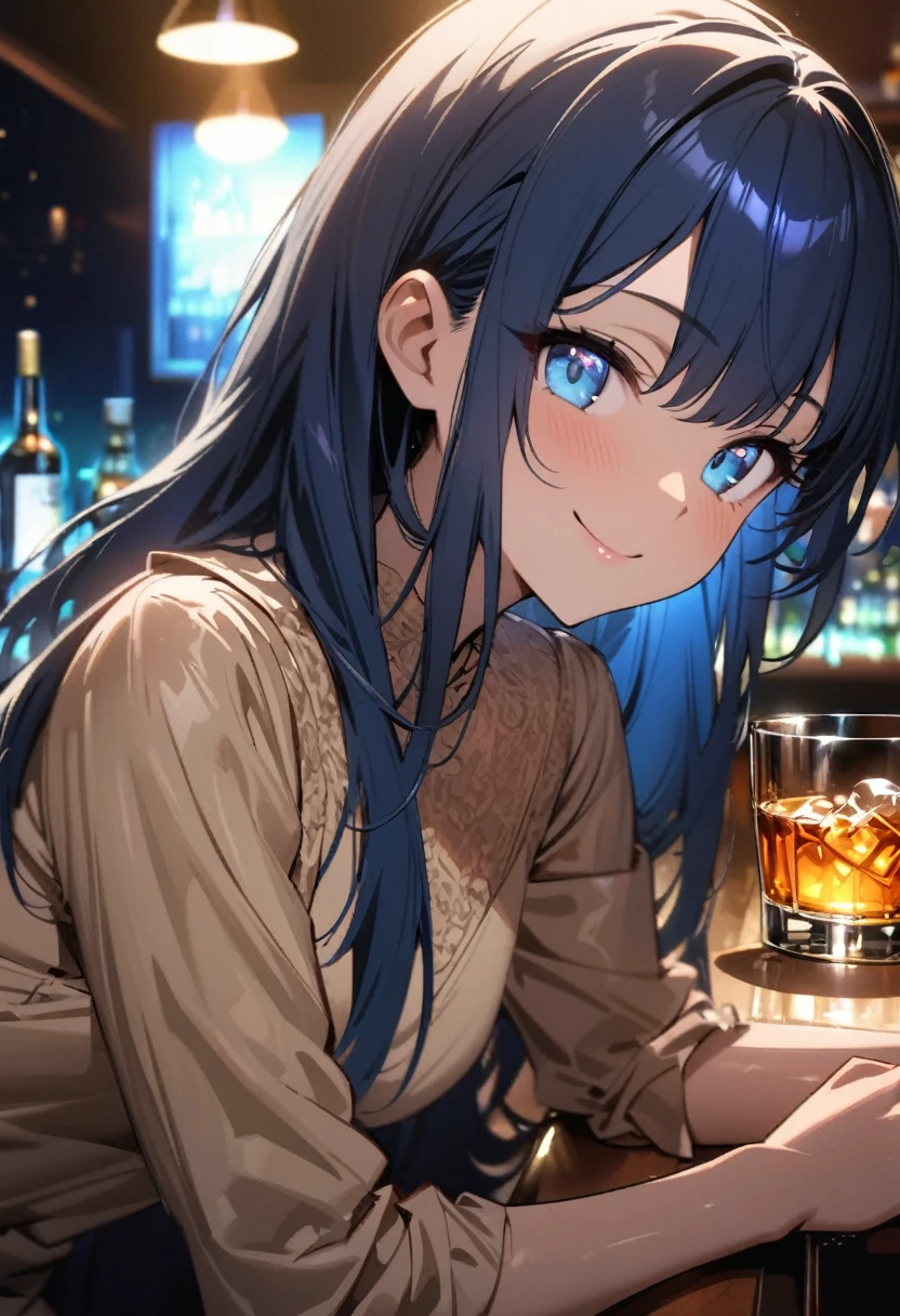 (masterpiece), (best quality), (sharp focus), (depth of field), (female): solo, (perfect face), (detailed outfit), (little girl),(smile), beautiful female,blue eyes, whole body,blue hair, long hair,(((((background of night view))))), (((in a bar))), wine, whisky, highball, (((((beige blouse))))),(shiny luminous, effects:1.2)