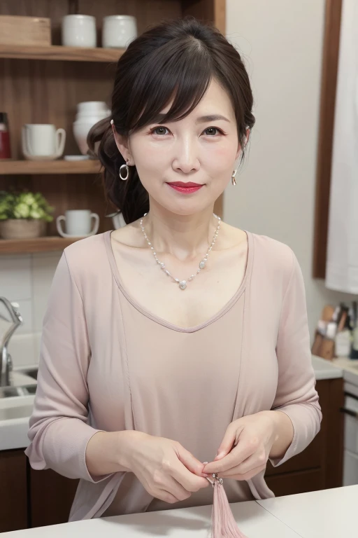 Beautiful mature Japanese woman aged 55, Married women, Long eyelashes, Low Ponytail, Red lipstick, Pink Cheeks, Pearl Necklace, Earrings, Dark eyeshadow, Beige leotard, Beautiful body