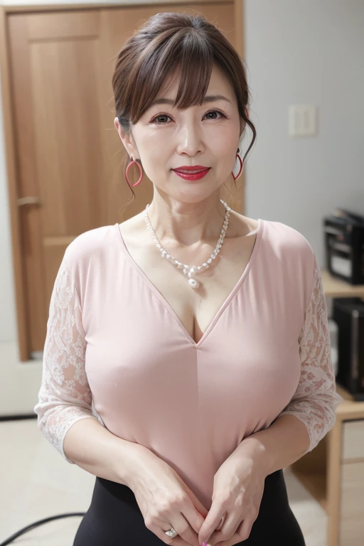 Beautiful mature Japanese woman aged 55, Married women, Long eyelashes, Low Ponytail, Red lipstick, Pink Cheeks, Pearl Necklace, Earrings, Dark eyeshadow, Beige leotard, Beautiful body