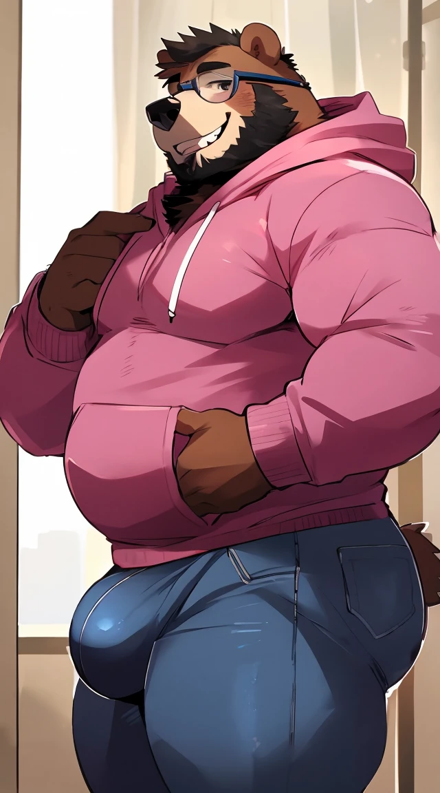 Chubby, furry,male , anthro bear, very plump, middle aged  , pushed to the side hair ,Thick beard, seductive  , detailed , half body, wearing cute color block hoodie, extremely hot and sexy, cute, by hyaku ,by darkgem, by glitter trap boy, wearing circular glasses, wearing pink shirt, cute smile, full set of teeth, sweet smile, by jumperbear, cute circular glasses, perfect teeth, sleeved hoodie, perfect hands, five fingers, big bulge in jeans, big butt, cute bear tail, fat butt, large butt in jeans, sexy pose