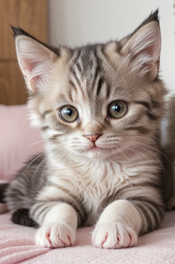 Imagine a tiny, fluffy kitten with big, round eyes that sparkle with curiosity. Its fur is soft and silky, often in a mix of colors like white, gray, and hints of orange. The little paws are tiny and perfect, with delicate, pink pads. When it meows, it's a sweet, high-pitched sound that melts your heart. Playful and energetic, this kitten loves to chase after small toys, pounce on shadows, and snuggle up in a warm lap for a nap. Its little nose is a cute, pink button, and its whiskers twitch adorably with every little movement.