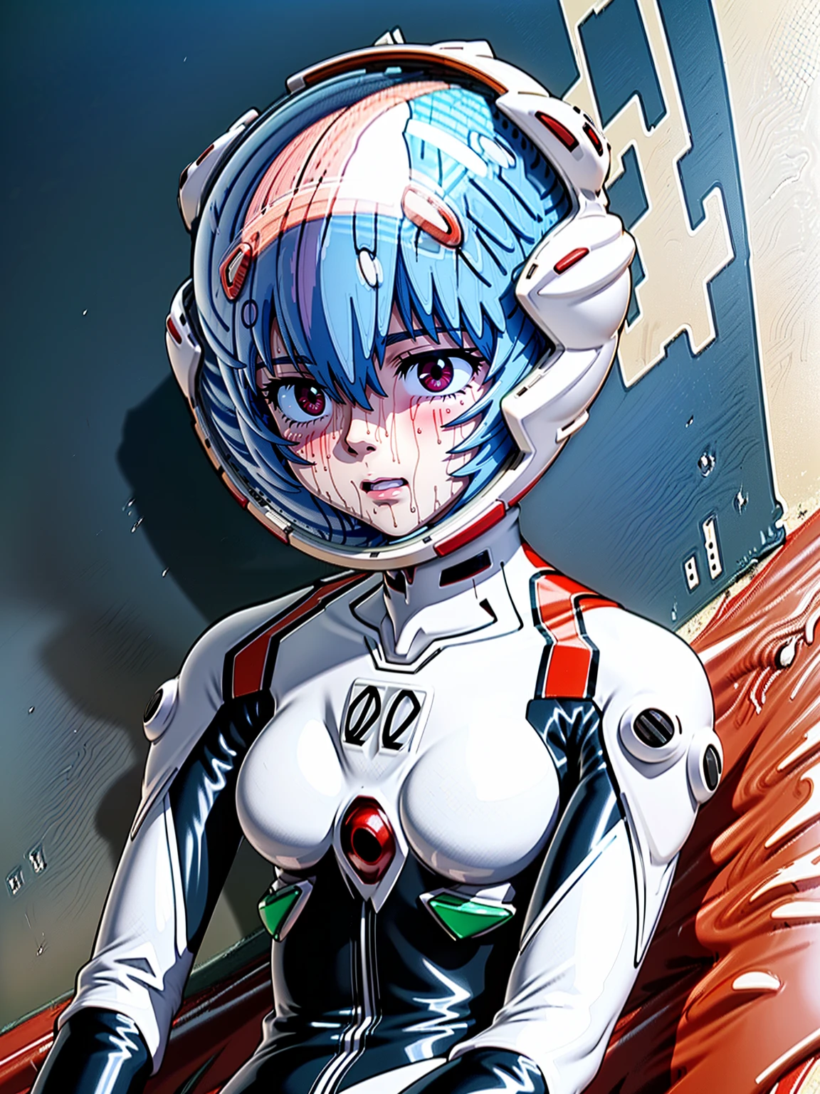 ((Highest quality, 8k wallpaper)),(masterpiece, Highest quality),Very detailed,High resolution,(Official Art:1.3),(((Anime screenshots,Black outline))),One girl,alone, Break mer1,(Rei Ayanami {neon genesis evangelion,}1.2),masterpiece, best quality, outdoor, 1girl, Solo,red eyes,short hair,blue hair, (White plug suit, skintight:1.4), (Covered in sweat, Mass sweat, Sweating profusely:1.5) , (((Full face helmet, face visible through helmet:1.3))),(Eva Helm:1.4), (wading, holding own arm, mud swamp,dirty Costume:1.4),(trembling effect motion lines with sexual climax:1.4), swamp, dense woods, wet lands,