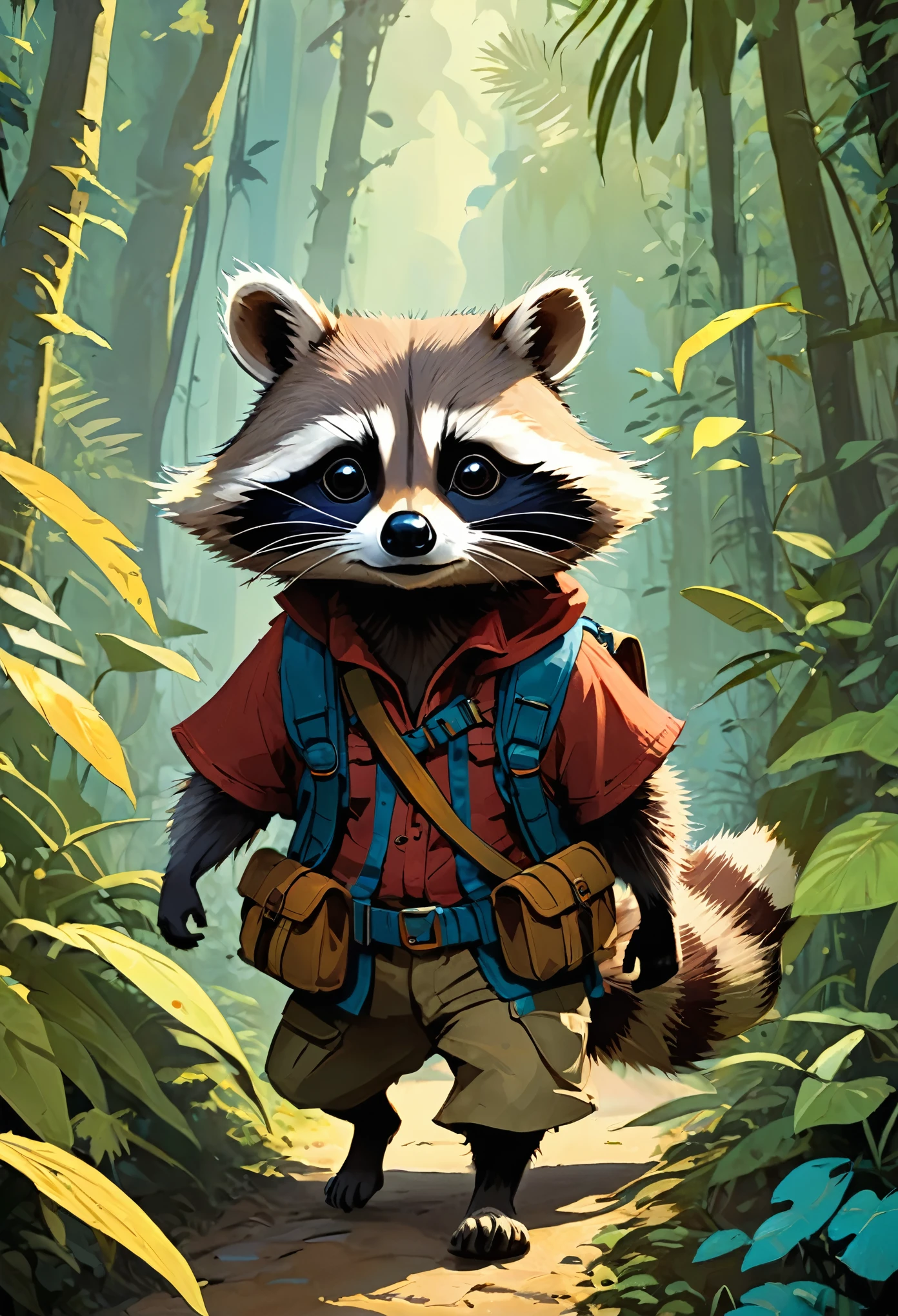 A cute racoon adventurer walks in a wild colourful jungle, by Jean-Baptiste Monge, Gilles Beloeil, Tyler Edlin, Marek Okon, Pixar, 8k, album art, comic style, golden ratio, perfect composition, a masterpiece, trending on artstation