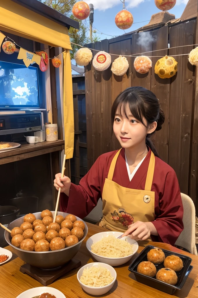 A cute Tower of the Sun and Myakumyaku are looking at a live-action steaming takoyaki