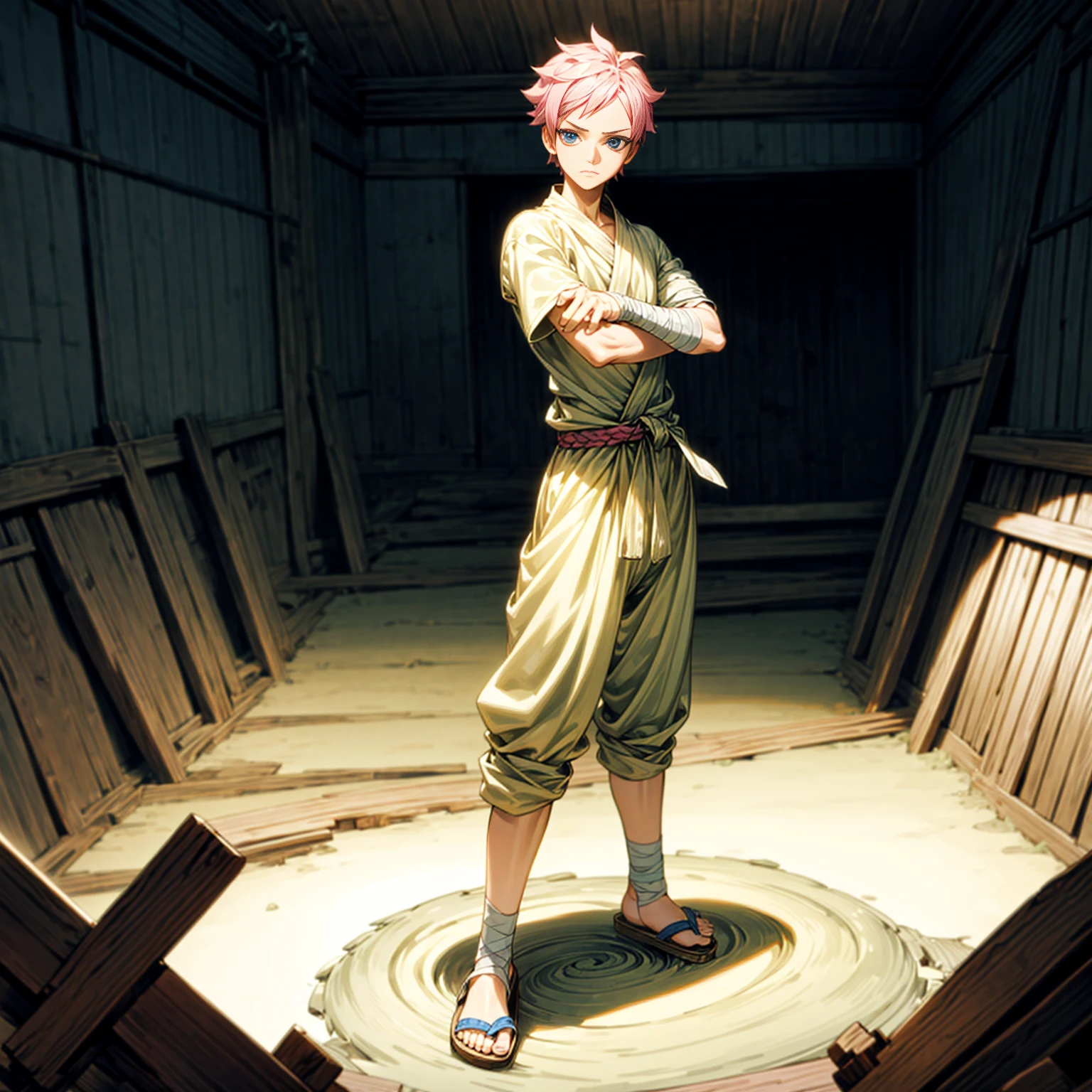 1boy, Full body version, 1character, blue eyes, short haircut, pink color hair, bandage on head, casual style outfit, sandals, Grassroots, full background indoor building, motion blur, (one piece style art), standing gesture
