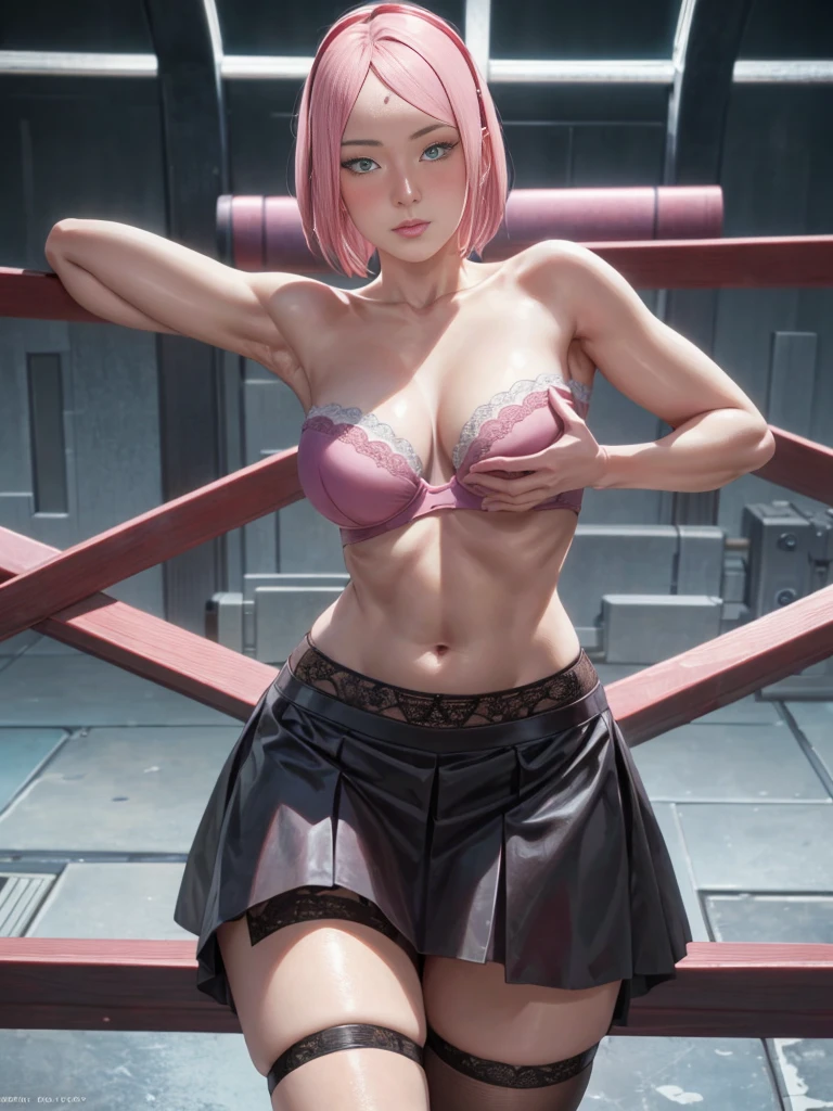 masterpiece, absurdres, sakura\(boruto\), 1girl, solo,mature female, detailed purple bra lenjerie, detailed purple thong lenjerie, using detailed sexy black skirt, open skirt, open clothes, sexy skirt), perfect composition, detailed lips, breast, beautiful face, body propotion, blush, (pink lips), short hair, green eyes, soft gaze, super realistic, detailed, photoshoot, realistic face and body, thighhighs, full body, erotic pose, provocative pose, waiting sex pose