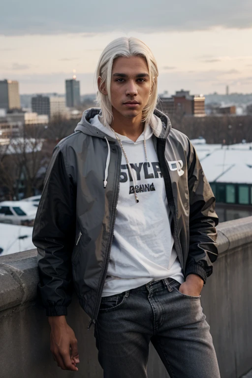 Straight White hair, brown-skinned male, gray eyes, white hooded jacket, black shirt, black jeans, city background.