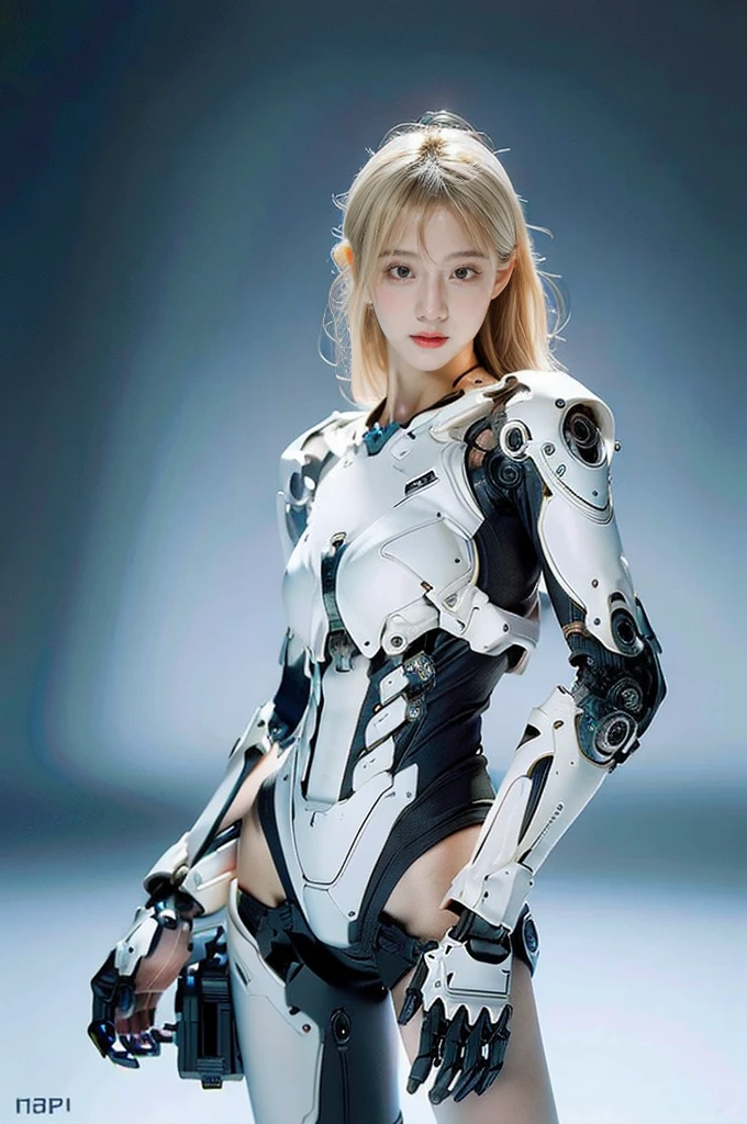 best quality, 1080P, Masterpiece, Whole body photo, Ultra high resolution, photorealistic photo, ultra realism, Realistic skin texture, Light blonde hair, Extreme skin detail, dslr, Detailed eyes, Facing the camera, very beautiful face, Concise facial structure, Pale skin, Realistic skin texture, Extreme skin detail, oc render reflection textures, Realistic light and shadow, Single picture, alone, The body is slim and balanced., Age 20, Height 170, naked girl, NUDE, no underwear, A girl with the body of a mechanical robot., Transparent futuristic black glass mech armor suit, The mechanical cervix is attached to the neck., flat stomach, Woman with perfect mechanical arms and legs, full body view, Whole body photo,
