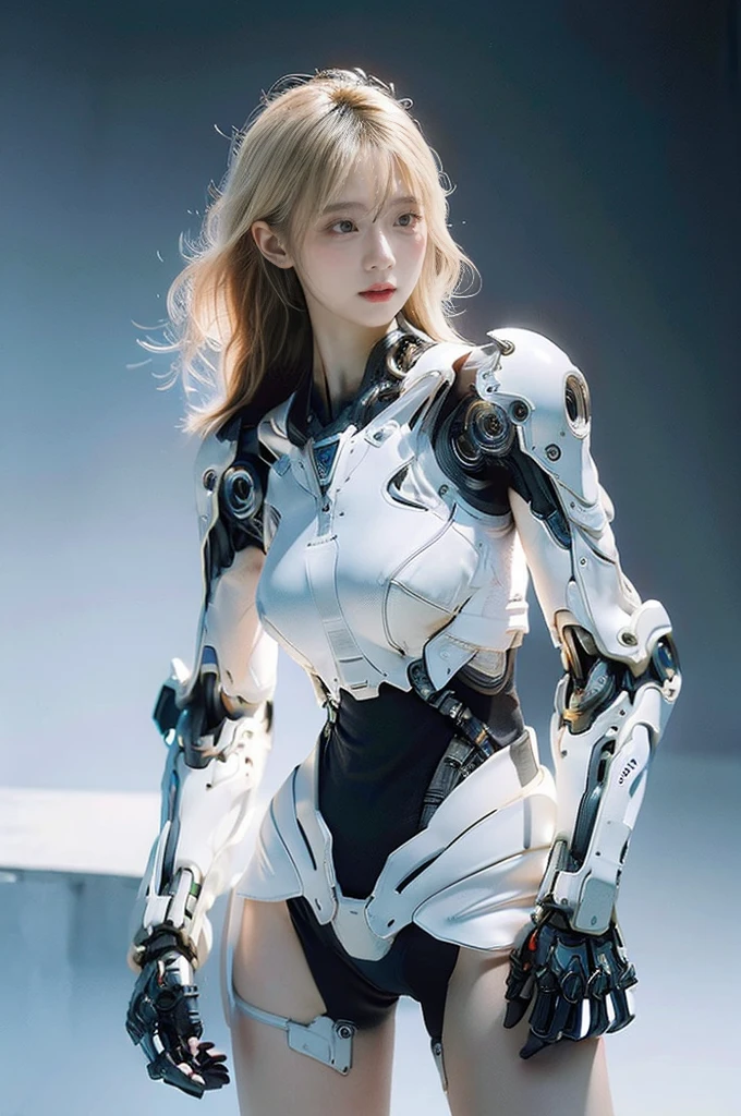 best quality, 1080P, Masterpiece, Whole body photo, Ultra high resolution, photorealistic photo, ultra realism, Realistic skin texture, Light blonde hair, Extreme skin detail, dslr, Detailed eyes, Facing the camera, very beautiful face, Concise facial structure, Pale skin, Realistic skin texture, Extreme skin detail, oc render reflection textures, Realistic light and shadow, Single picture, alone, The body is slim and balanced., Age 20, Height 170, naked girl, NUDE, no underwear, A girl with the body of a mechanical robot., Transparent futuristic black glass mech armor suit, The mechanical cervix is attached to the neck., flat stomach, Woman with perfect mechanical arms and legs, full body view, Whole body photo,
