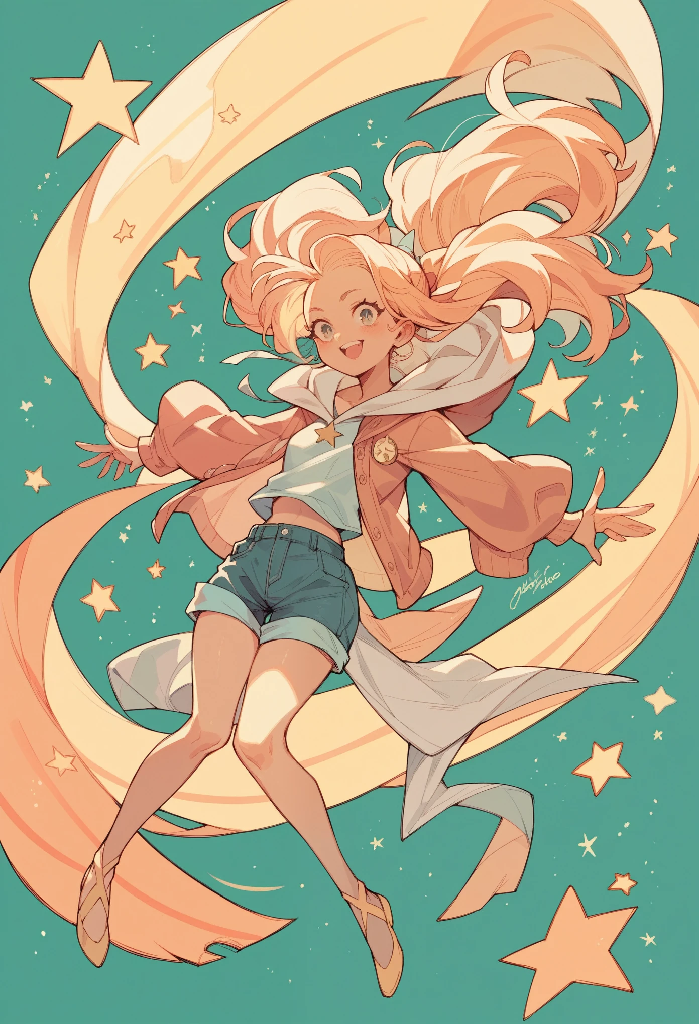 The girl is levitating and her legs are raised, the girl herself holds the star and looks at it, The girl's hair is long and blue