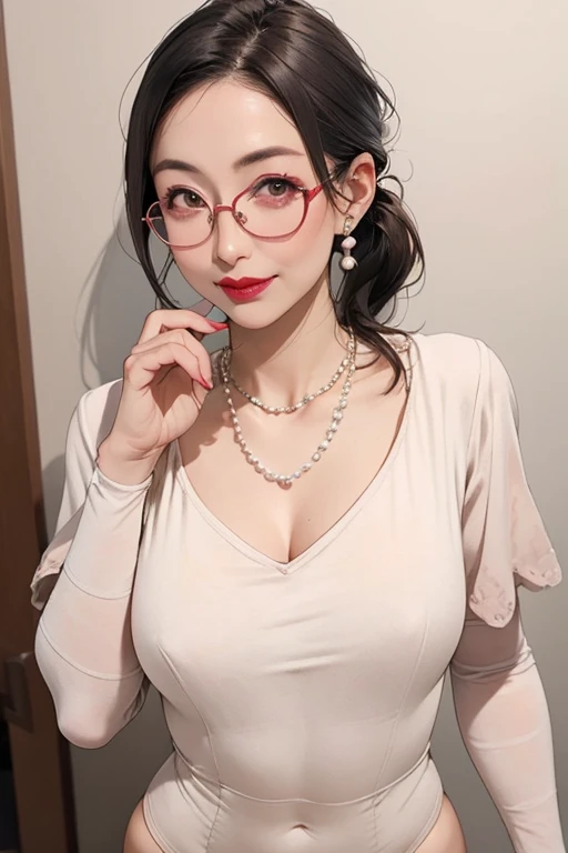 Beautiful mature Japanese woman aged 55, Married women, Long eyelashes, Low Ponytail, Red lipstick, Pink Cheeks, wear glasses, Pearl Necklace, Earrings, Dark eyeshadow, Beige leotard, Beautiful body