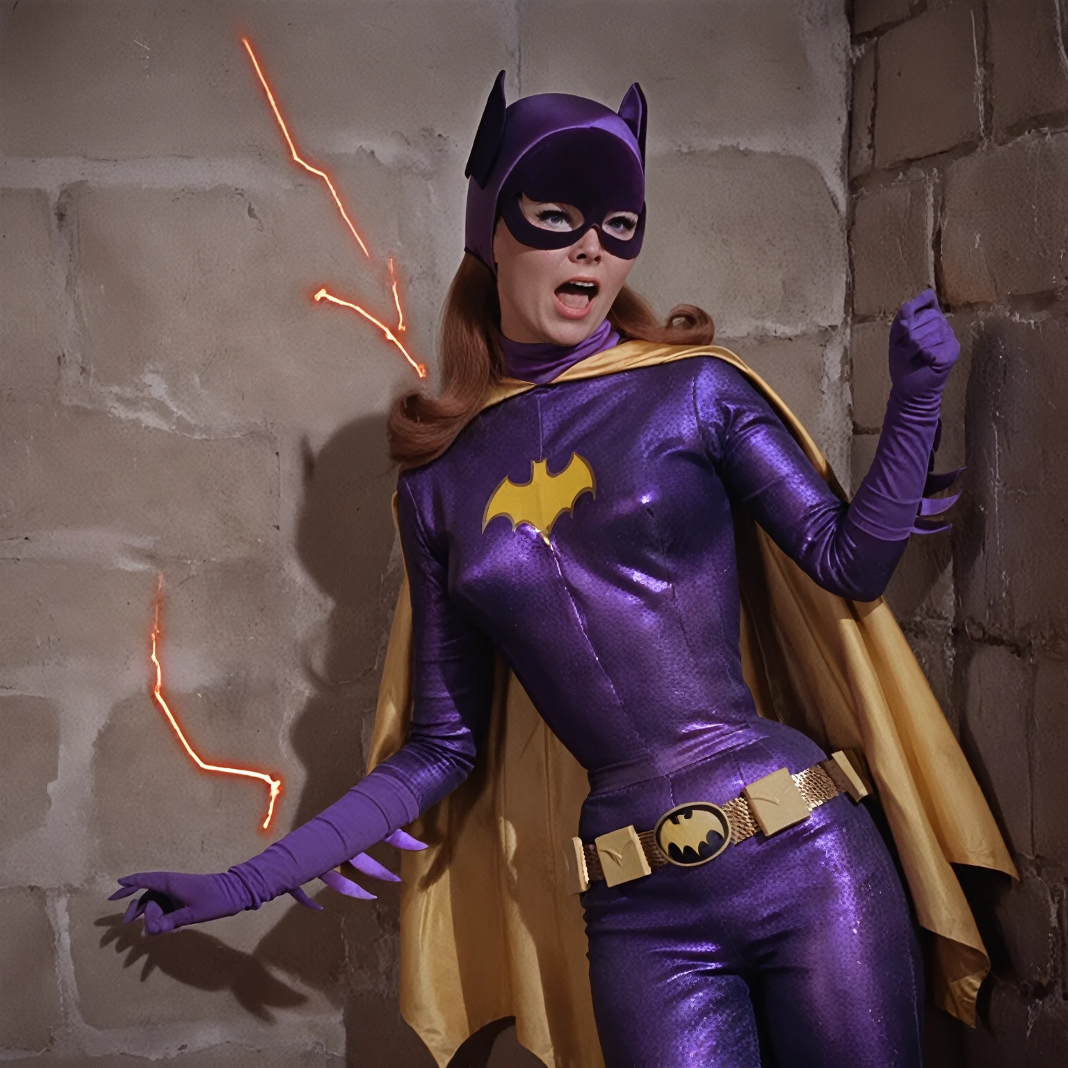 yvonne craig woman, against a wall. When a laser beam reach her waist and burn it. She screams in pain, screaming as hard as she can with her eyes wide open, she is in pain, 60's style, analog film, close up, on a lab, film grain