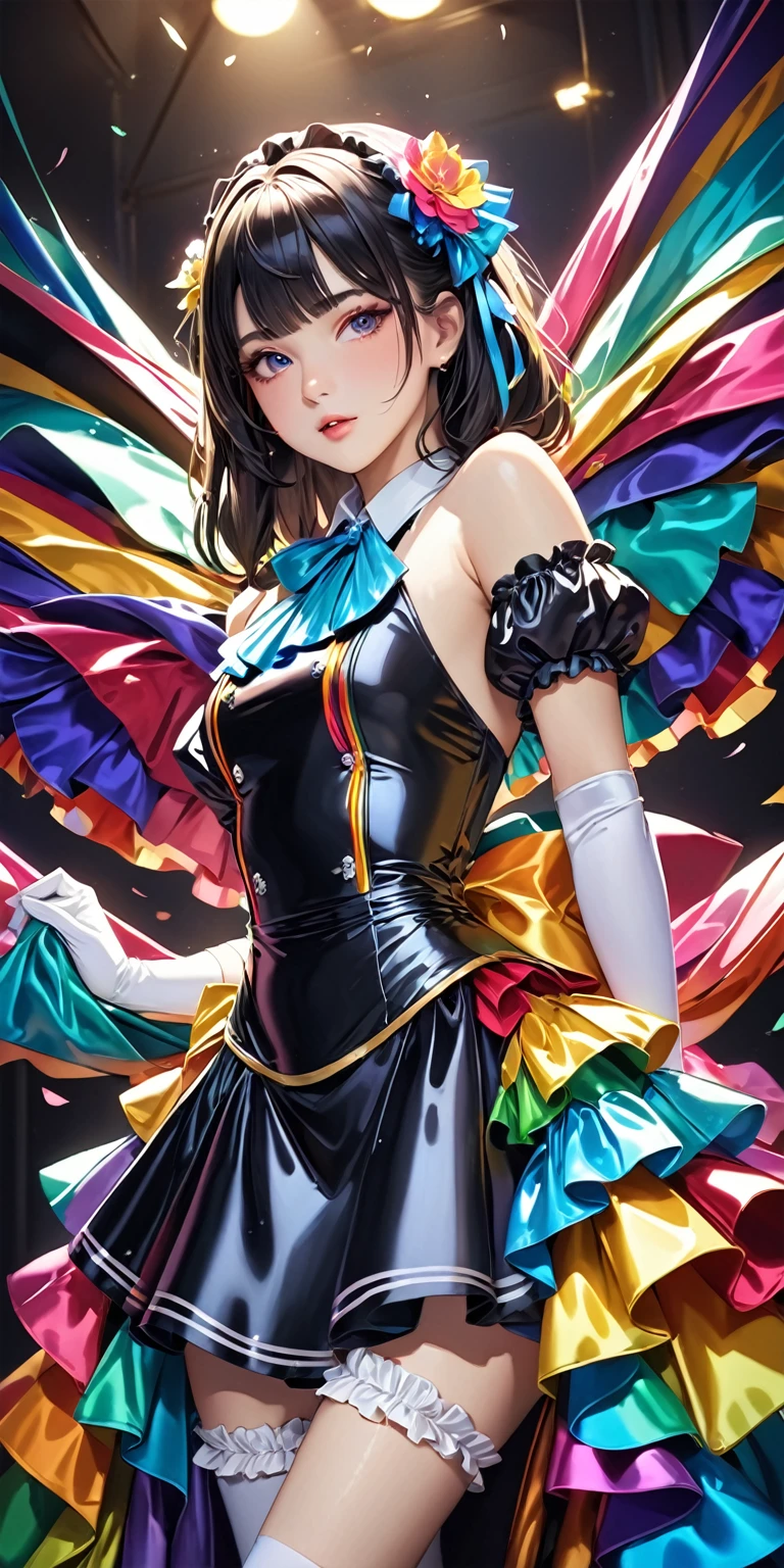 Portraiture、(masterpiece,Highest quality,Ultra-high resolution),Japanese women, (((Very beautiful 25 year old girl))),She is wearing a shiny satin dress with lots of frills, resembling an idol outfit.、Collared shirt、Satin long gloves、Satin socks、The costumes are very colorful、The background is dark