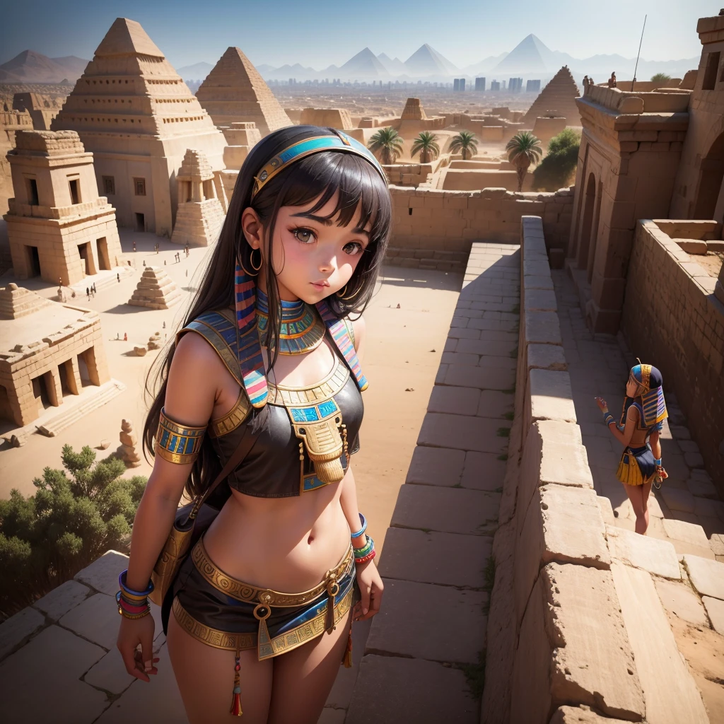 Cute ancient Egyptian 15 year old girl、A hill overlooking the colorful temples of ancient Egypt、A colorful view of the whole city、whole body、Low - Angle、Standing posture