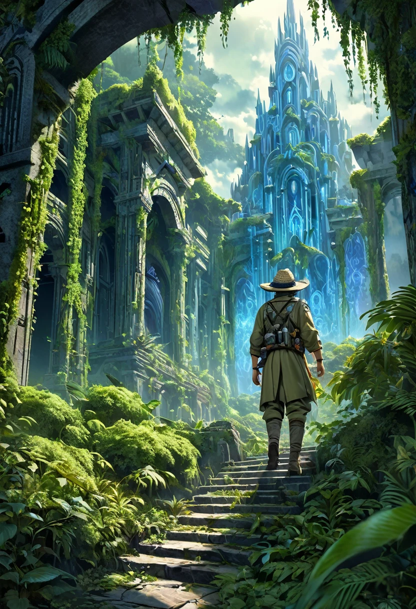 
                      Close-up of a man in the foreground(Half-length back view close-up) Back view of explorer wearing khaki adventure suit and hat (sideways dynamics) Standing in the mossy forest dark blue light very dense very dense bushes in the bushes there are ancient temple building ruins hidden in the depths mist filled ethereal mist shadows and glow,Very dense vines(The middle emits blue light), nice images, high detail


                         體積光  生物發光 風格複雜藝術作品 大景深 電影化處理, Realistic magical fantasy scene highly detailed structure surreal, Digital art, high detail, High quality matte painting art