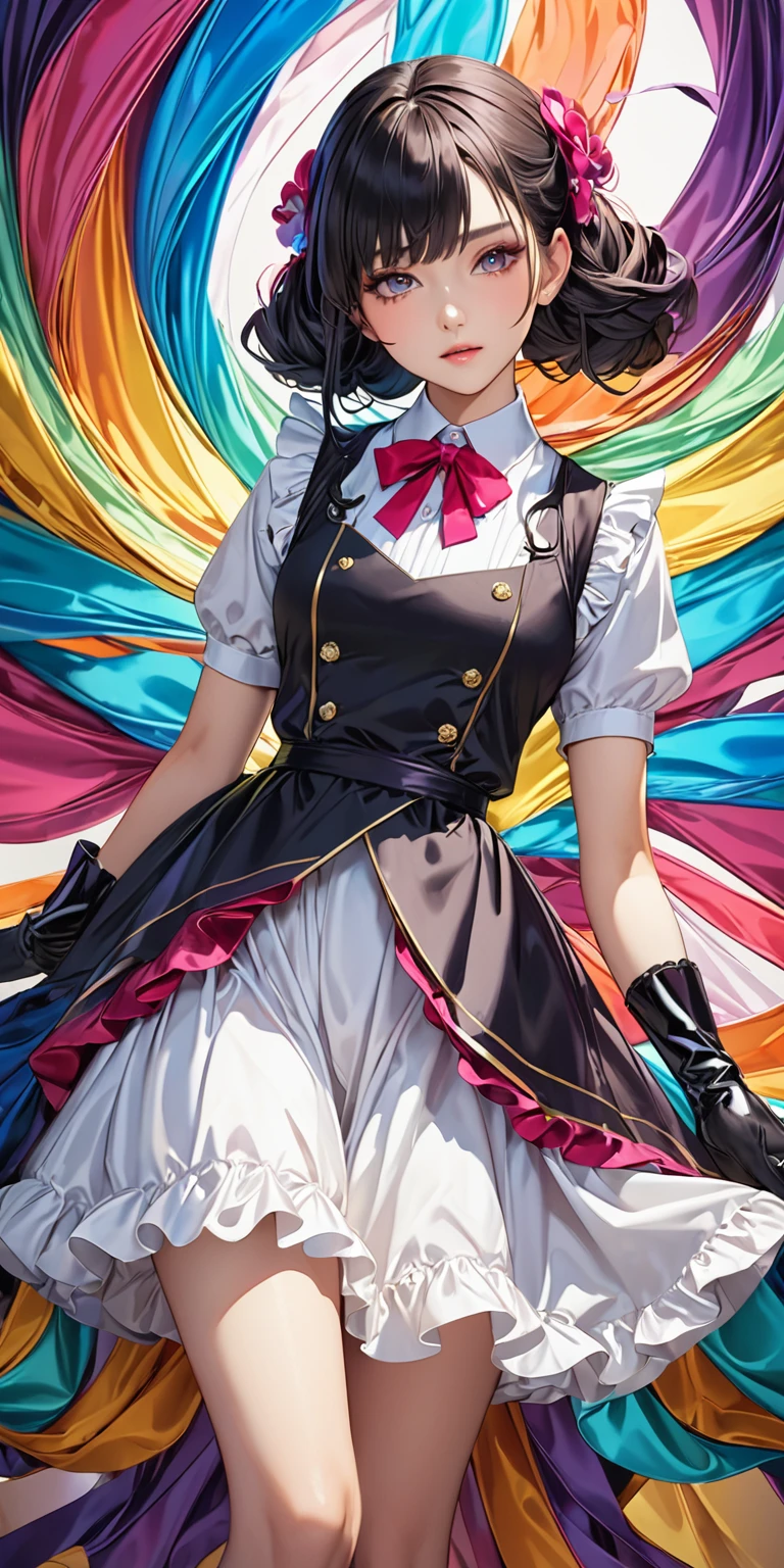 Portraiture、(masterpiece,Highest quality,Ultra-high resolution),Japanese women, (((Very beautiful 25 year old girl))),She is wearing a ruffled dress made of shiny satin.、Collared shirt、Satin long gloves、Satin socks、The costumes are very colorful、The background is dark
