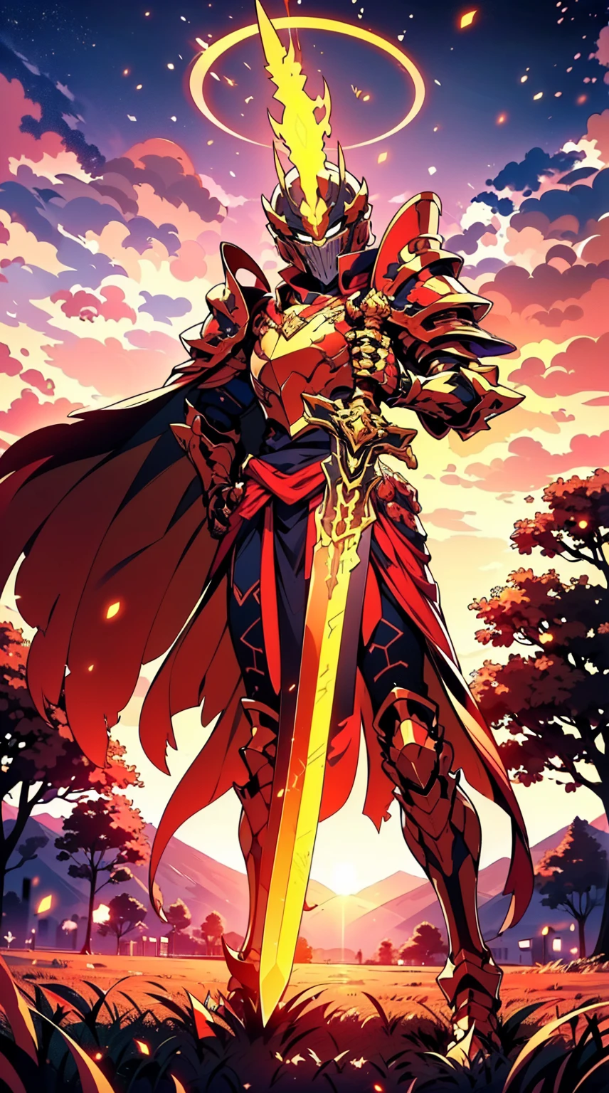 8K quality,(super masterpiece:1.3),Highest quality,Detailed Images,1 male,knight,pocket(Full Face,Two Corners),Blue Armor(Blue full armor,Golden decoration),(Wear a red cloak,Red Cape),(Hold the Burning Sword),(background:Burning image,sunset,幻想的なsunset,The End,The end of the world,grassland,Takayama,Halo effects),(Whole body image,Standing with your legs apart),(Face directly towards the camera,Looking directly at the viewer,looking at the camera,The body faces the viewer,The body is facing the direction of the camera,Face looking straight into the camera).