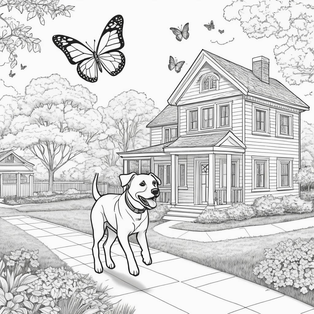 clean page from a coloring book for children, (dog do running with a butterfly in front of house and park background), black and white, high quality, high resolution, clear image, white background, ad ink outlines