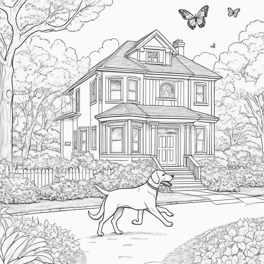 clean page from a coloring book for children, (dog do running with a butterfly in front of house and park background), black and white, high quality, high resolution, clear image, white background, ad ink outlines