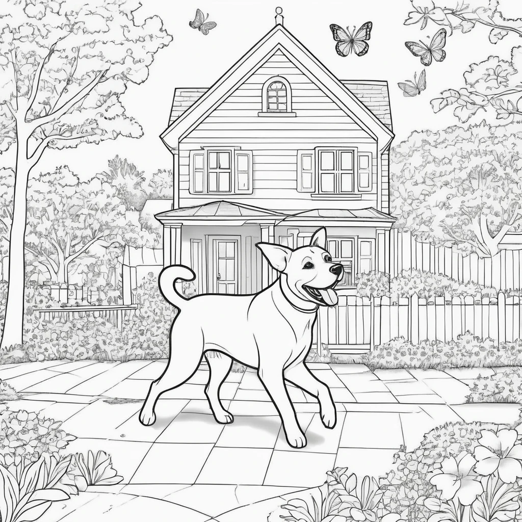 clean page from a coloring book for children, (dog do running with a butterfly in front of house and park background), black and white, high quality, high resolution, clear image, white background, ad ink outlines