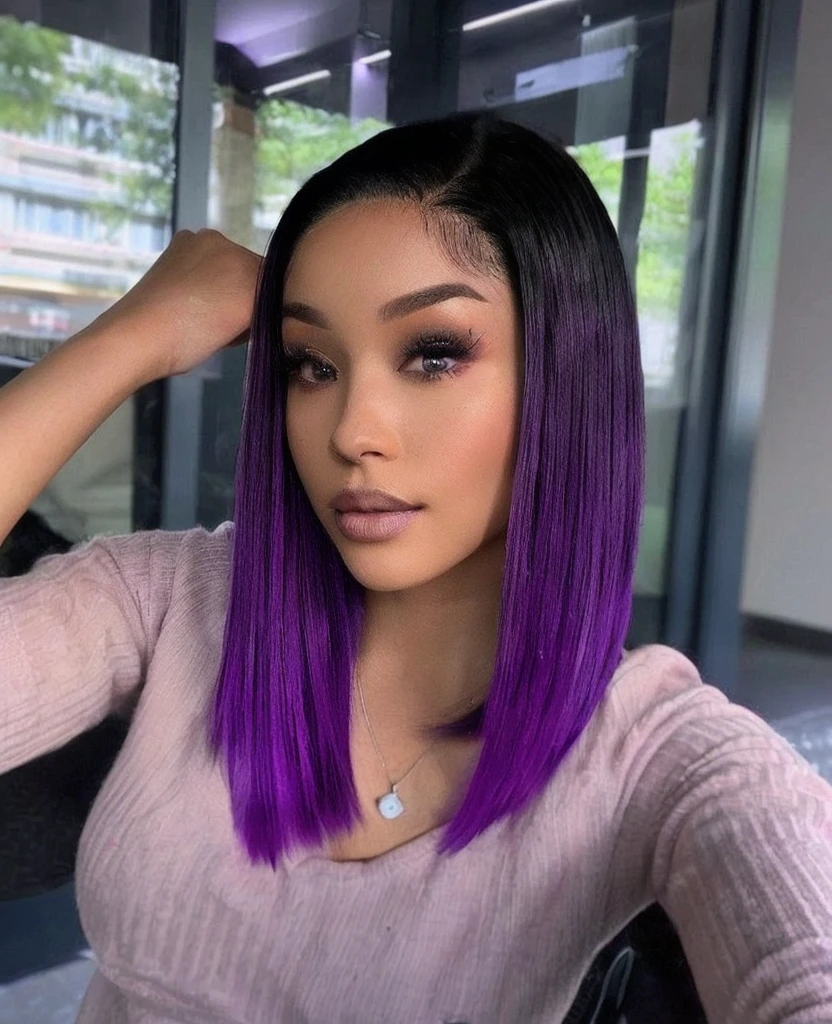 a woman with purple hair and a pink sweater, chin-length purple hair, black to purple fade hair color, purple color, wig, violet color, purple head, purple skin color, purple hue, black and purple hair, gradient black to purple, dark purple, straight hairstyle, dark purple hair, short purple hair, purple hair portrait of woman, deep purple hair