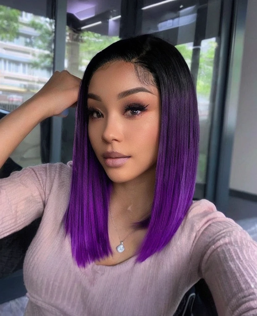 a woman with purple hair and a pink sweater, chin-length purple hair, black to purple fade hair color, purple color, wig, violet color, purple head, purple skin color, purple hue, black and purple hair, gradient black to purple, dark purple, straight hairstyle, dark purple hair, short purple hair, purple hair portrait of woman, deep purple hair