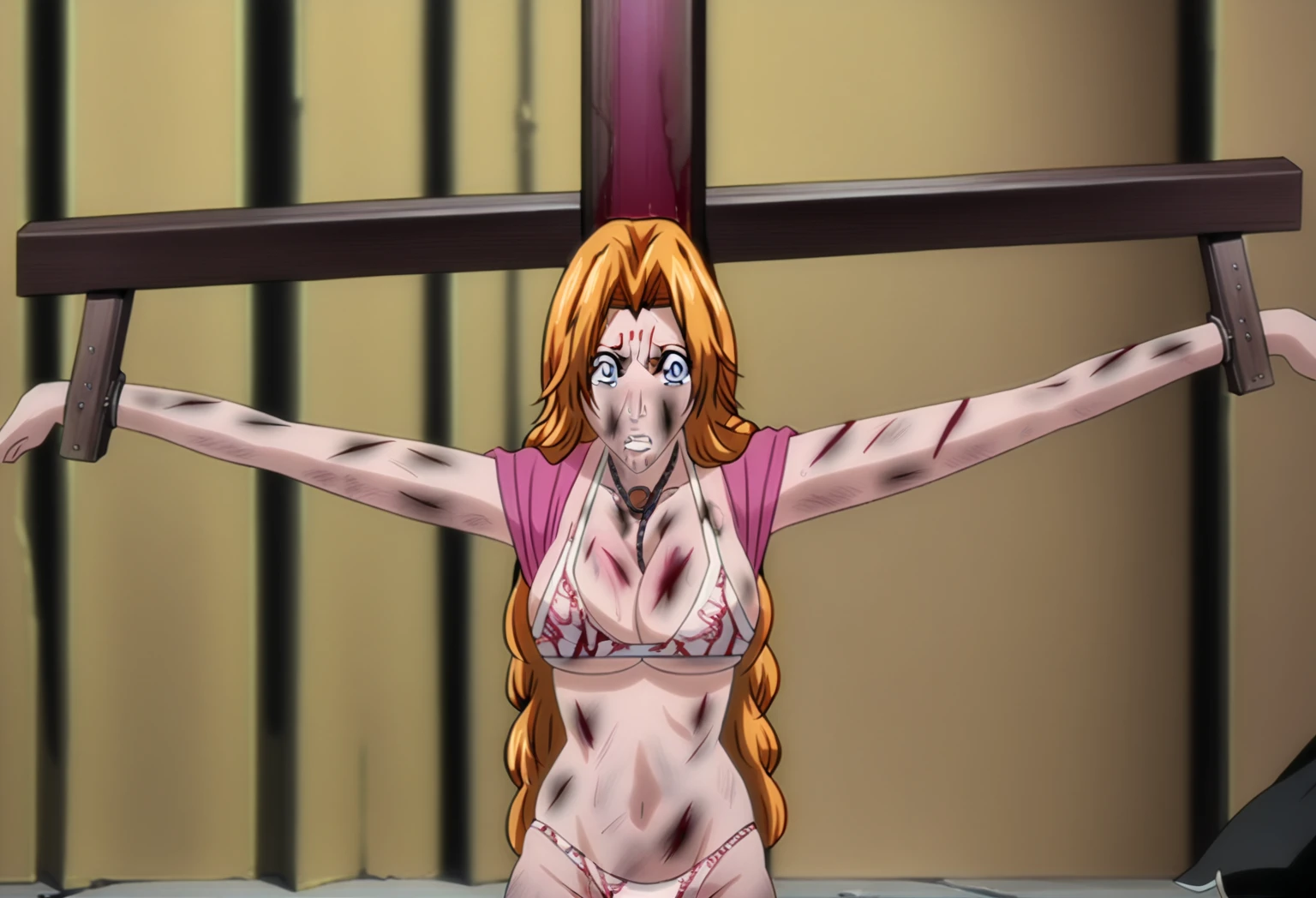 highest quality,masterpiece,uhd, Super detailed, 8K,(Beautiful woman),(A Beautiful Woman),((crucifixion:1.5)),(((cross))),(execution),((incontinence)),scared,torture,slave,((Woman in crucifixion at the cross:1.5)),crucifixion刑,((Rangiku Matsumoto:1.5)), white bikini,((Torn clothes:1.5)),((Tearing of clothes:1.5)),(tattered clothes:1.5),Beaten face,顔にtraces of being beaten,((bruises on body)),scars on body,injured face and body,(Bruise, dirty, torn clothes, revealing clothes, Blood:1.3),traces of being beaten,Defeated heroine,a devastated world,ruins,abandoned building,(burning at the stake),((roasted over fire:1.2)),inflammation,(Inflammation),Inflammation at my feet, very accurate, almost naked