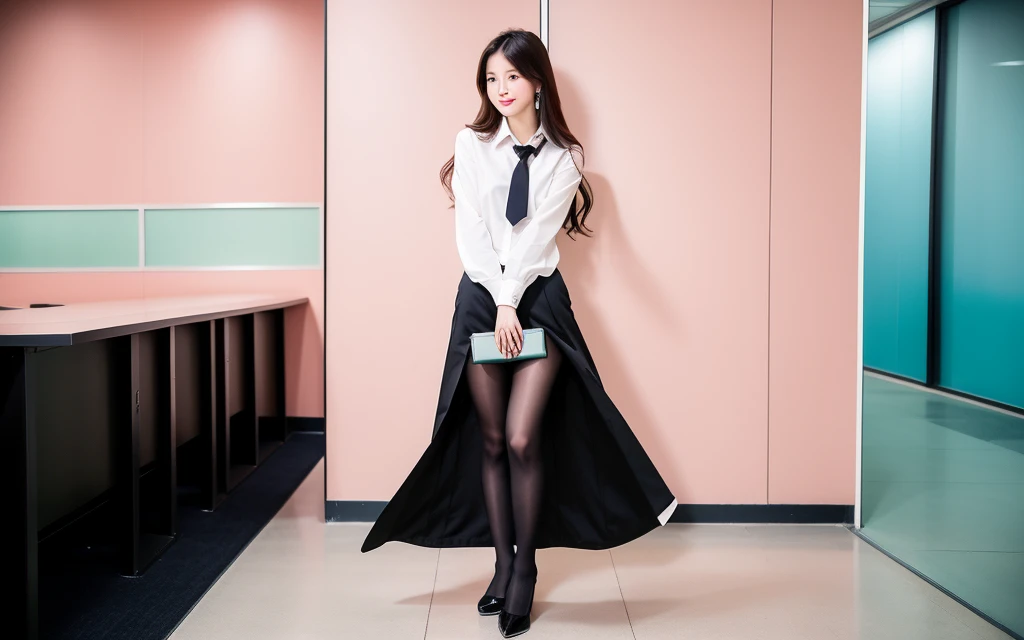 best quality, Full body portrait, Delicate face, Pretty Face, Slim body, office,Lady，office服装, black, Pink long hair，cute，stand up，black高跟鞋