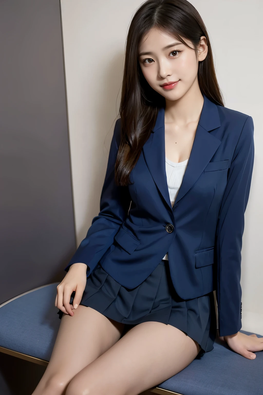 (8k), (highest quality: 1.2), (Realistic), (Realistic: 1.37), Ultra-high resolution, (1 girl), cute, blush,Embarrassed smile, Beautiful details, Beautiful Nose, silky straight Hair, giant dulcefo, pork, Thighs，Self Snap,University Uniforms,(A simple dark blue blazer:1.4),(Pleated gray skirt:1.2),(Sitting:1), Sit on the plane,(Hold my feet:1),(Shiny 太い legs:1.2),from the front,knees,clavicle