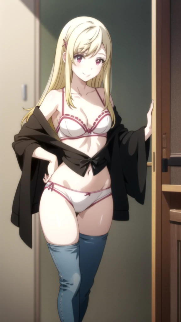 A woman in a red bra and jeans posing for a photo., seductive anime girl, OPPAI, rin tohsaka, beautiful alluring anime woman, attractive anime girl, revealing outfit, anime girls, anime woman, beautiful seductive anime , anime girl, beautiful anime woman, (anime girl), mejor anime girl, (SFW) safe for work Yamada mocking smile_yellow, 1chica , by rubio, alone, wide, hair ornament, , smile, bow, red eyes my dress darling anime, beautiful seductress anime anime