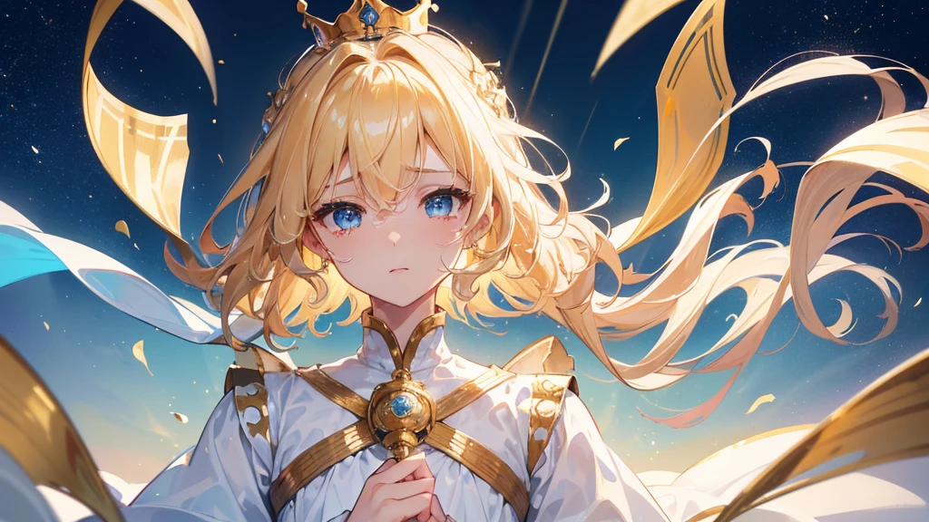 (Highest quality)　(4K)　(8k)　(High resolution)　(masterpiece:1.2)　(Super detailed)　One boy　short hair　Wizard　Blue Eyes　Long sleeve　Golden decoration　Hair between the eyes　White Dress　(Wavy golden hair)　Upper Body　(large crown)　(White Background)　profile　Face close-up　(Are crying)