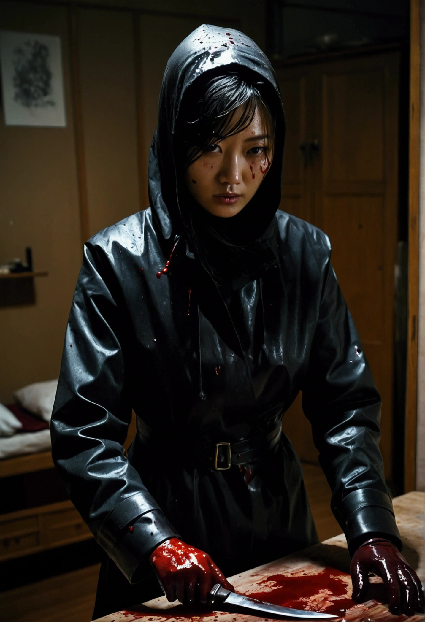 korean girl, (behind corpse:1.2), (balaclava), holding knife, stabbing, black gloves, room full of blood, black raincoat, holding knife, black wet suit, leather gloves, behind corpse, blood splatter, night, mass murderer, robbery, in the bedroom, dark atmosphere, cinematic lighting, atmospheric realistic,
