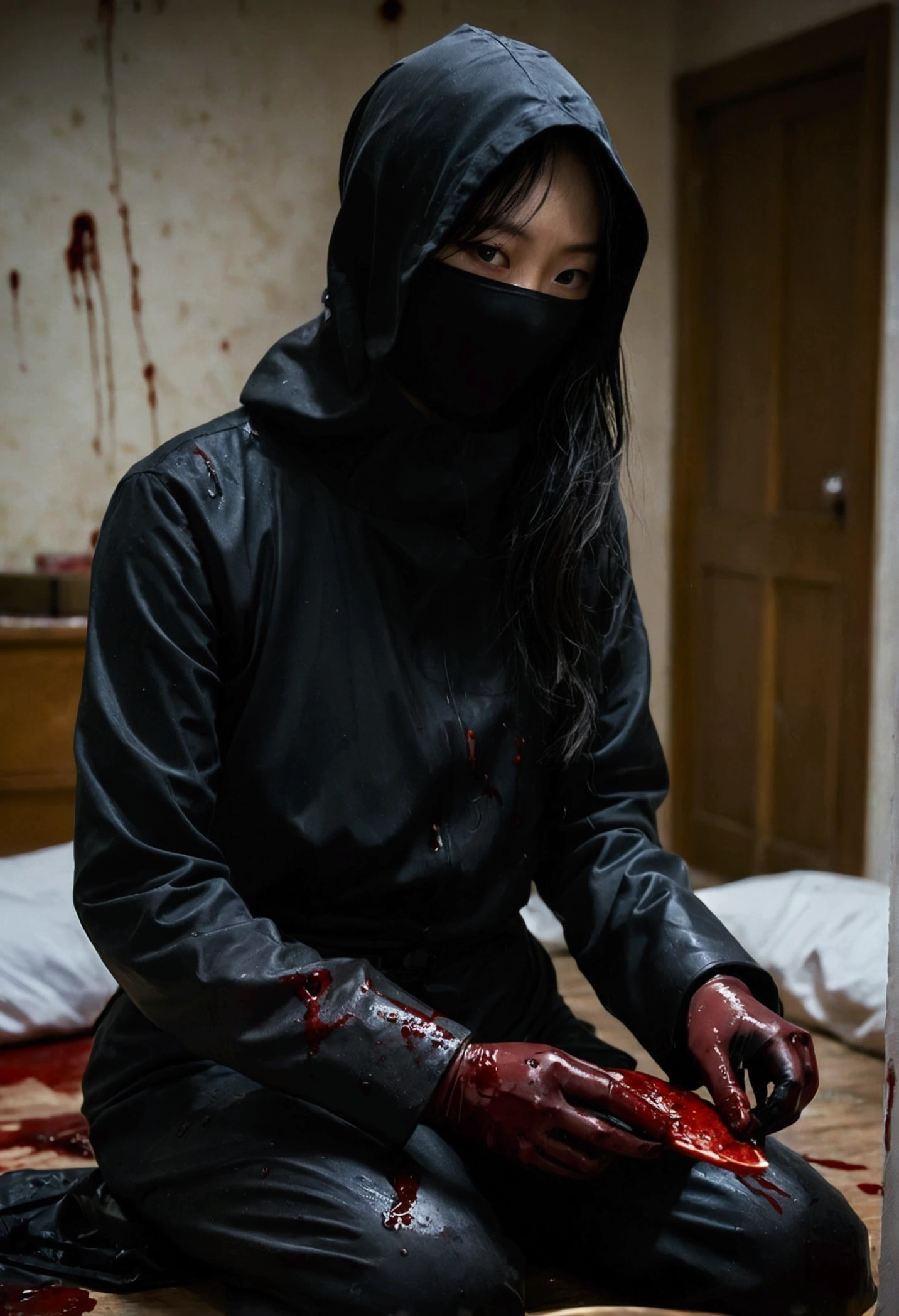 korean girl, (behind corpse:1.2), (balaclava), holding knife, stabbing, black gloves, room full of blood, black raincoat, holding knife, black wet suit, leather gloves, behind corpse, blood splatter, night, mass murderer, robbery, in the bedroom, dark atmosphere, cinematic lighting, atmospheric realistic,